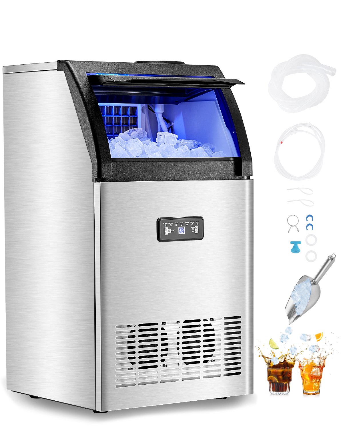 VEVOR Commercial Ice Maker Machine, 130lbs/24H Ice Maker Machine with 33lbs Storage Capacity, 55 Ice Cubes in 15 Minutes, LED Digital Display Freestanding Self-Cleaning for Bar Office Restaurant