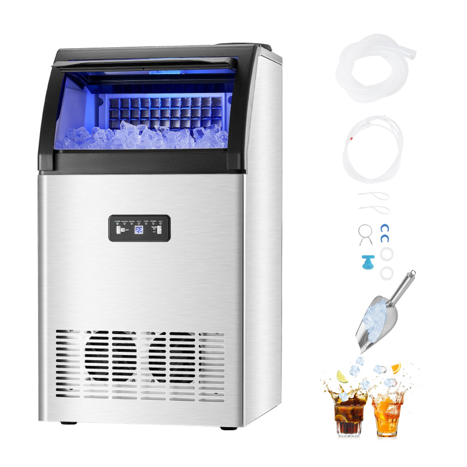 VEVOR Commercial Ice Maker Machine, 130lbs/24H Ice Maker Machine with 33lbs Storage Capacity, 55 Ice Cubes in 15 Minutes, LED Digital Display Freestanding Self-Cleaning for Bar Office Restaurant