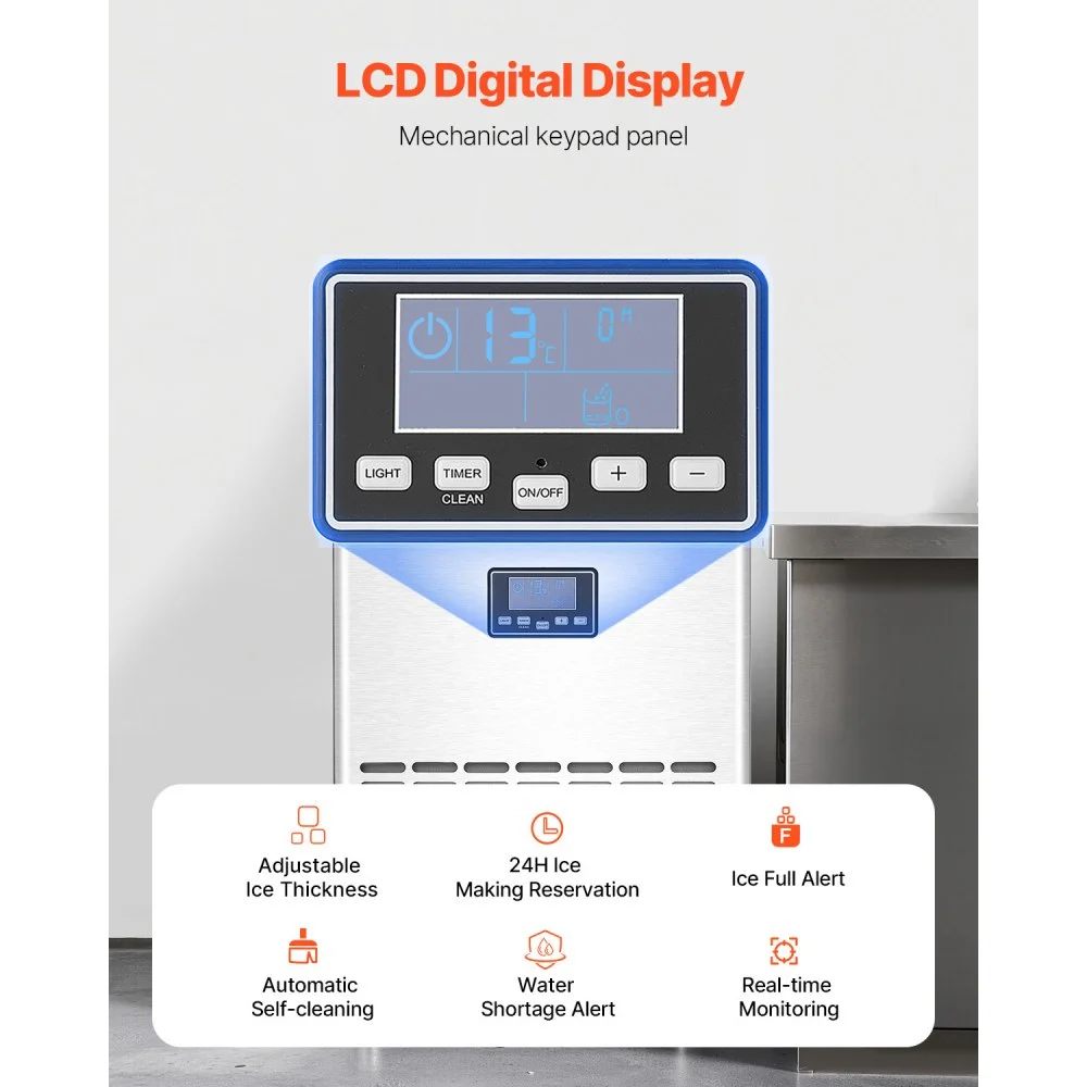 VEVOR Commercial Ice Maker Machine, 100lbs/24H Ice Maker Machine with 33lbs Storage Capacity, 45 Ice Cubes in 15 Minutes, LED Digital Display Freestanding Self-Cleaning for Bar Office Restaurant