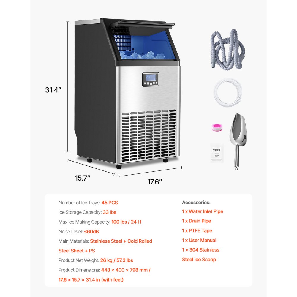 VEVOR Commercial Ice Maker Machine, 100lbs/24H Ice Maker Machine with 33lbs Storage Capacity, 45 Ice Cubes in 15 Minutes, LED Digital Display Freestanding Self-Cleaning for Bar Office Restaurant