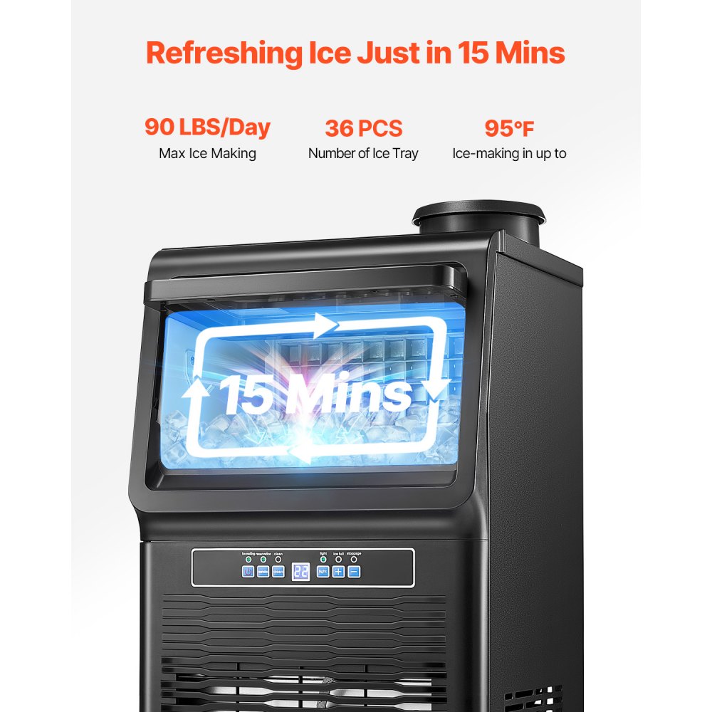 Máquina de hielo comercial VEVOR de 90 lb/24 h, 36 cubitos de hielo en 15 minutos, máquina de hielo independiente con gran capacidad de almacenamiento de 12 lb para bar, oficina, restaurante, con pantalla digital LED y autolimpieza.