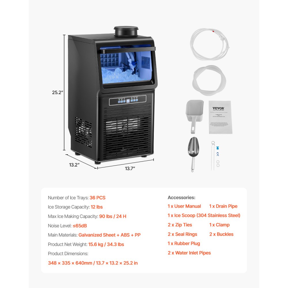 Máquina de hielo comercial VEVOR de 90 lb/24 h, 36 cubitos de hielo en 15 minutos, máquina de hielo independiente con gran capacidad de almacenamiento de 12 lb para bar, oficina, restaurante, con pantalla digital LED y autolimpieza.