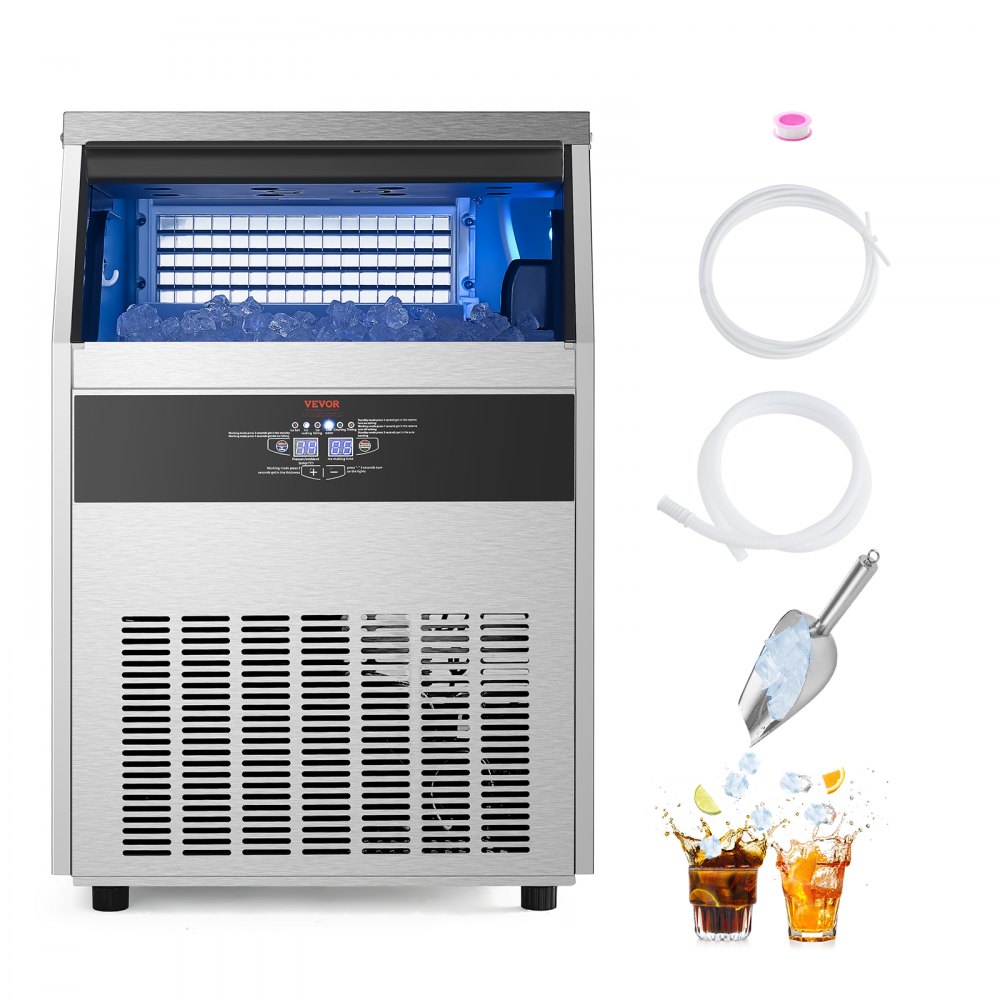 VEVOR Commercial Ice Maker Machine, 160lbs/24H Ice Maker Machine with 66lbs Storage Capacity, 80 Ice Cubes in 15 Minutes, LED Digital Display Freestanding Self-Cleaning for Bar Office Restaurant
