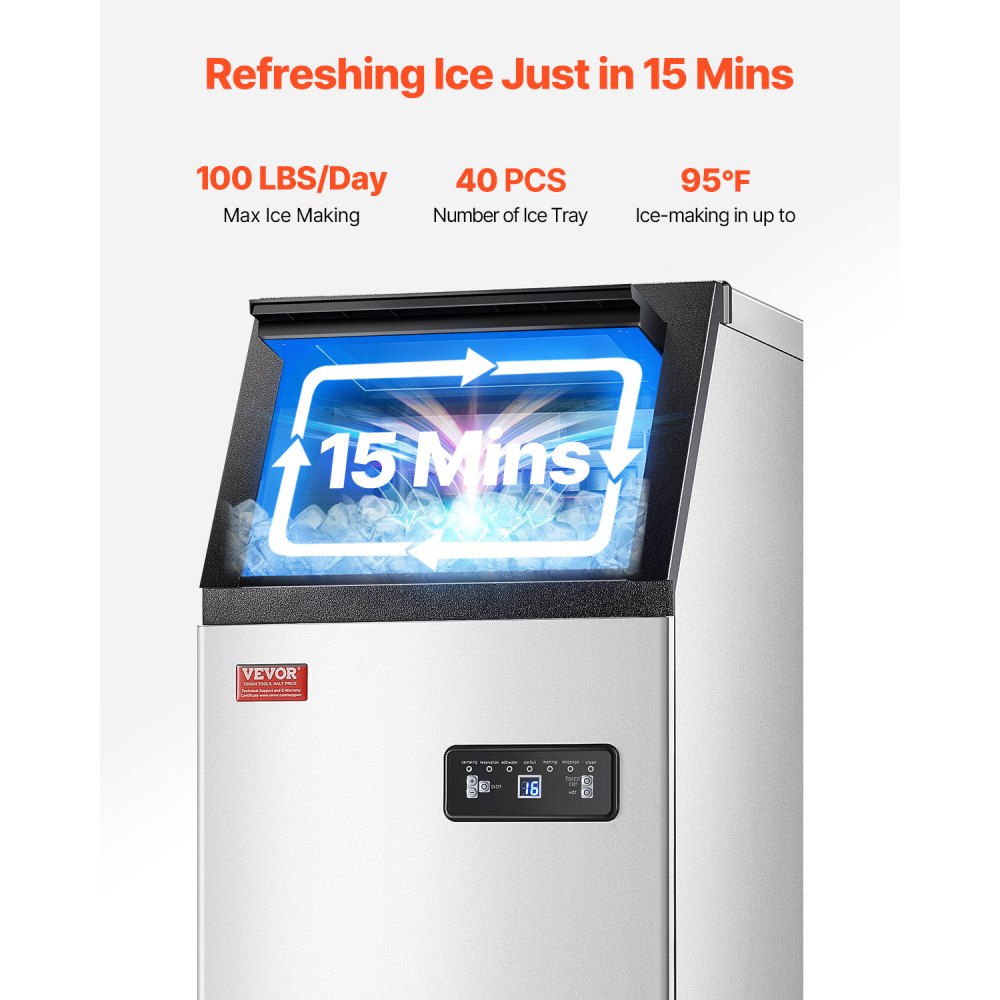 Máquina de hielo comercial VEVOR de 100 lb/24 h, 36 cubitos de hielo en 15 minutos, máquina de hielo independiente con gran capacidad de almacenamiento de 28 lb para bar, oficina, restaurante, con pantalla digital LED y autolimpieza.