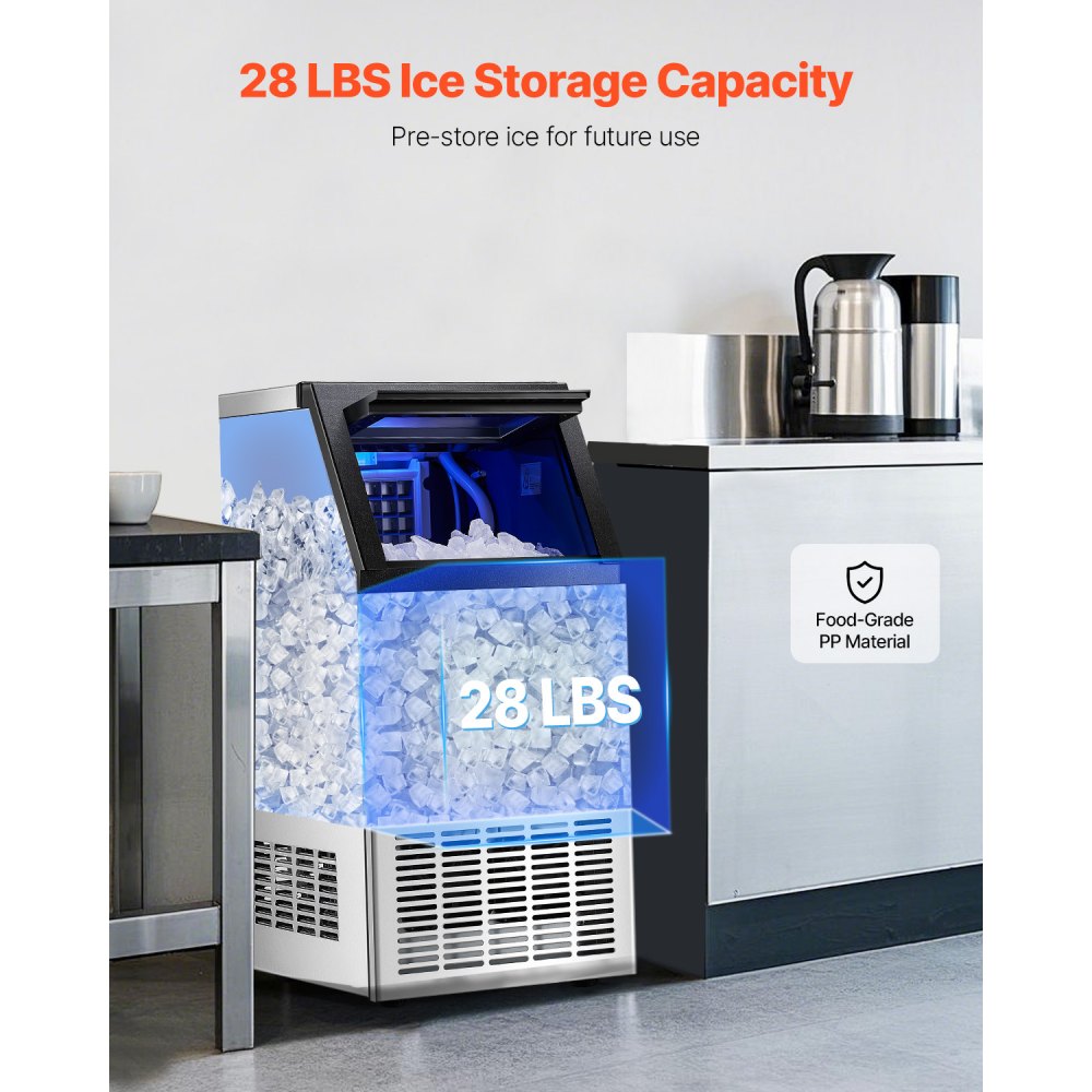 Máquina de hielo comercial VEVOR de 100 lb/24 h, 36 cubitos de hielo en 15 minutos, máquina de hielo independiente con gran capacidad de almacenamiento de 28 lb para bar, oficina, restaurante, con pantalla digital LED y autolimpieza.
