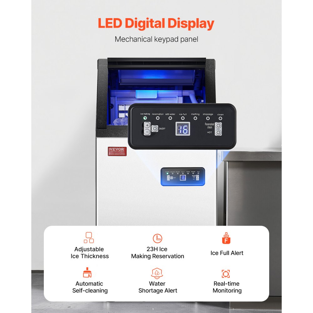 Máquina de hielo comercial VEVOR de 100 lb/24 h, 36 cubitos de hielo en 15 minutos, máquina de hielo independiente con gran capacidad de almacenamiento de 28 lb para bar, oficina, restaurante, con pantalla digital LED y autolimpieza.