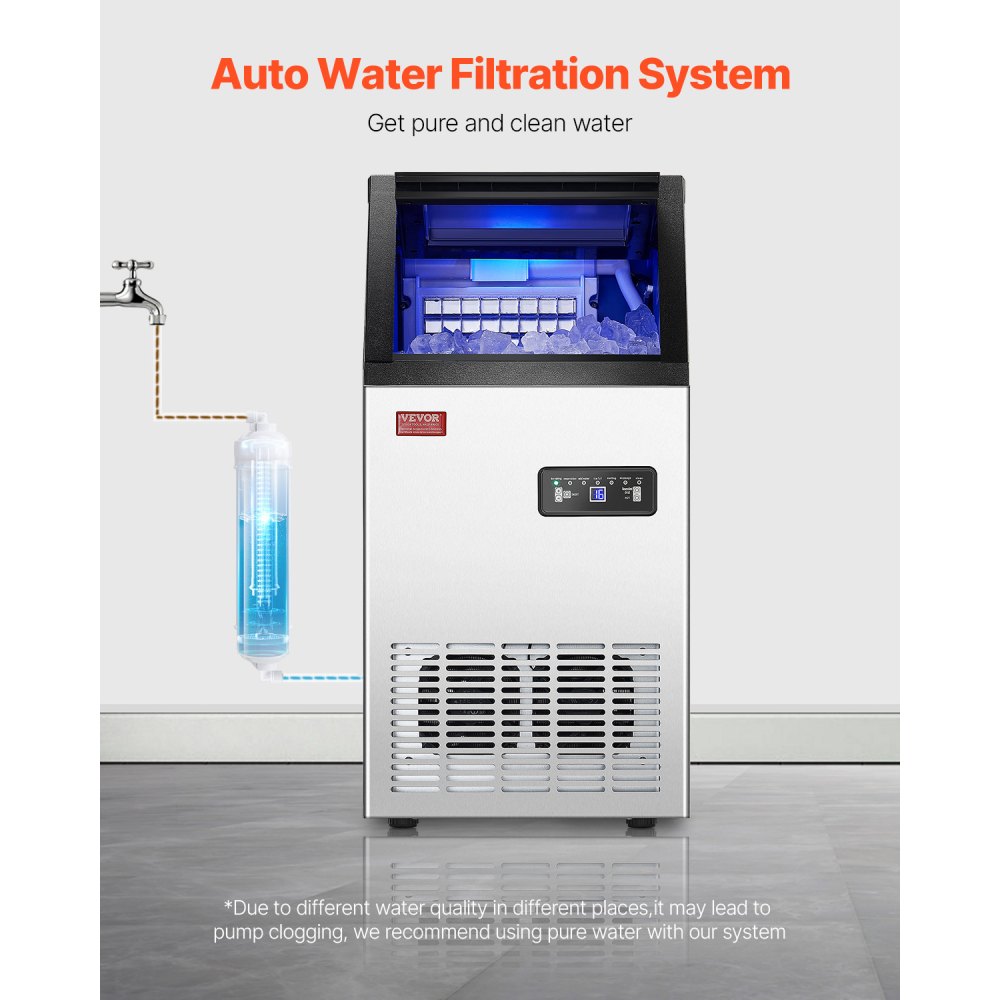 Máquina de hielo comercial VEVOR de 100 lb/24 h, 36 cubitos de hielo en 15 minutos, máquina de hielo independiente con gran capacidad de almacenamiento de 28 lb para bar, oficina, restaurante, con pantalla digital LED y autolimpieza.