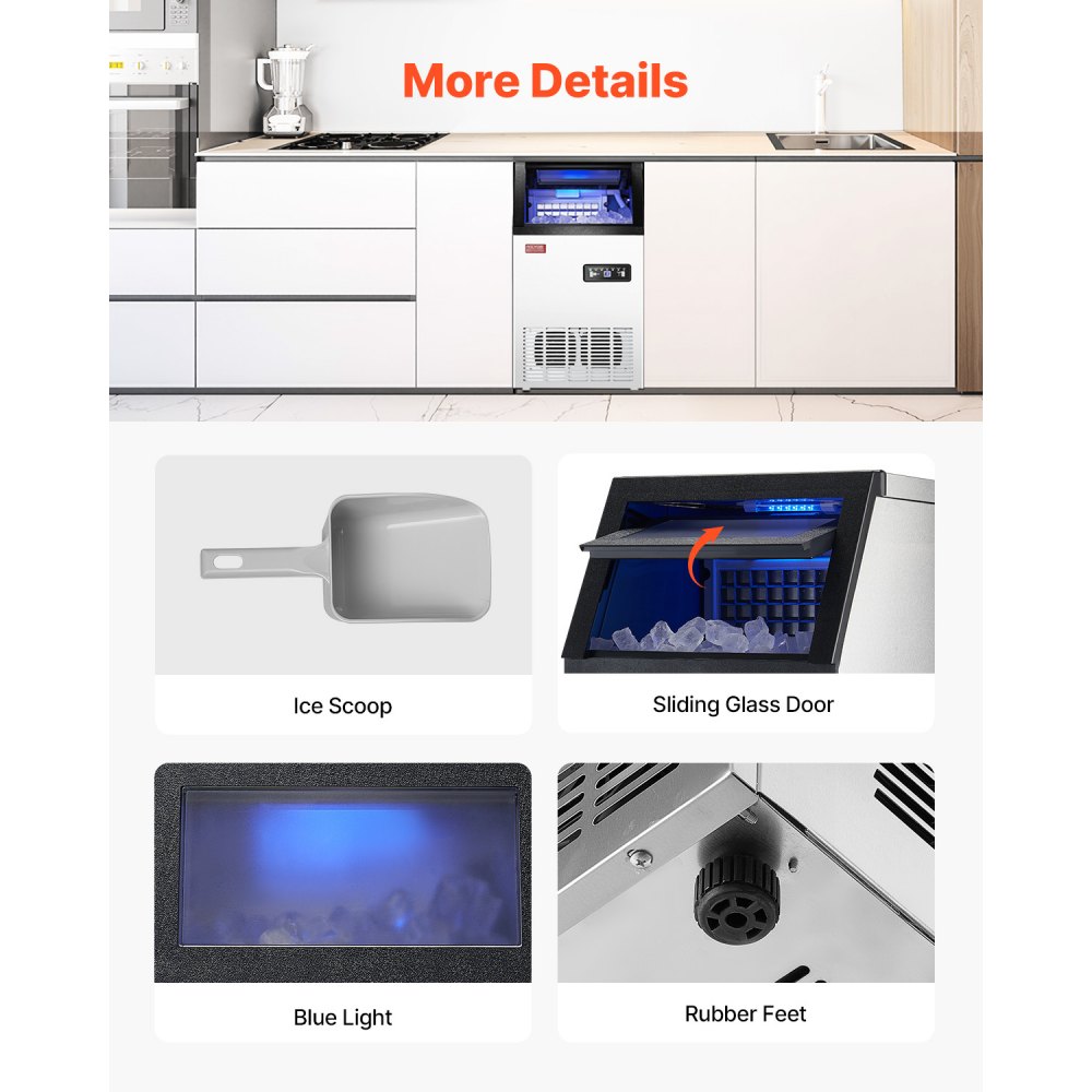 Máquina de hielo comercial VEVOR de 100 lb/24 h, 36 cubitos de hielo en 15 minutos, máquina de hielo independiente con gran capacidad de almacenamiento de 28 lb para bar, oficina, restaurante, con pantalla digital LED y autolimpieza.