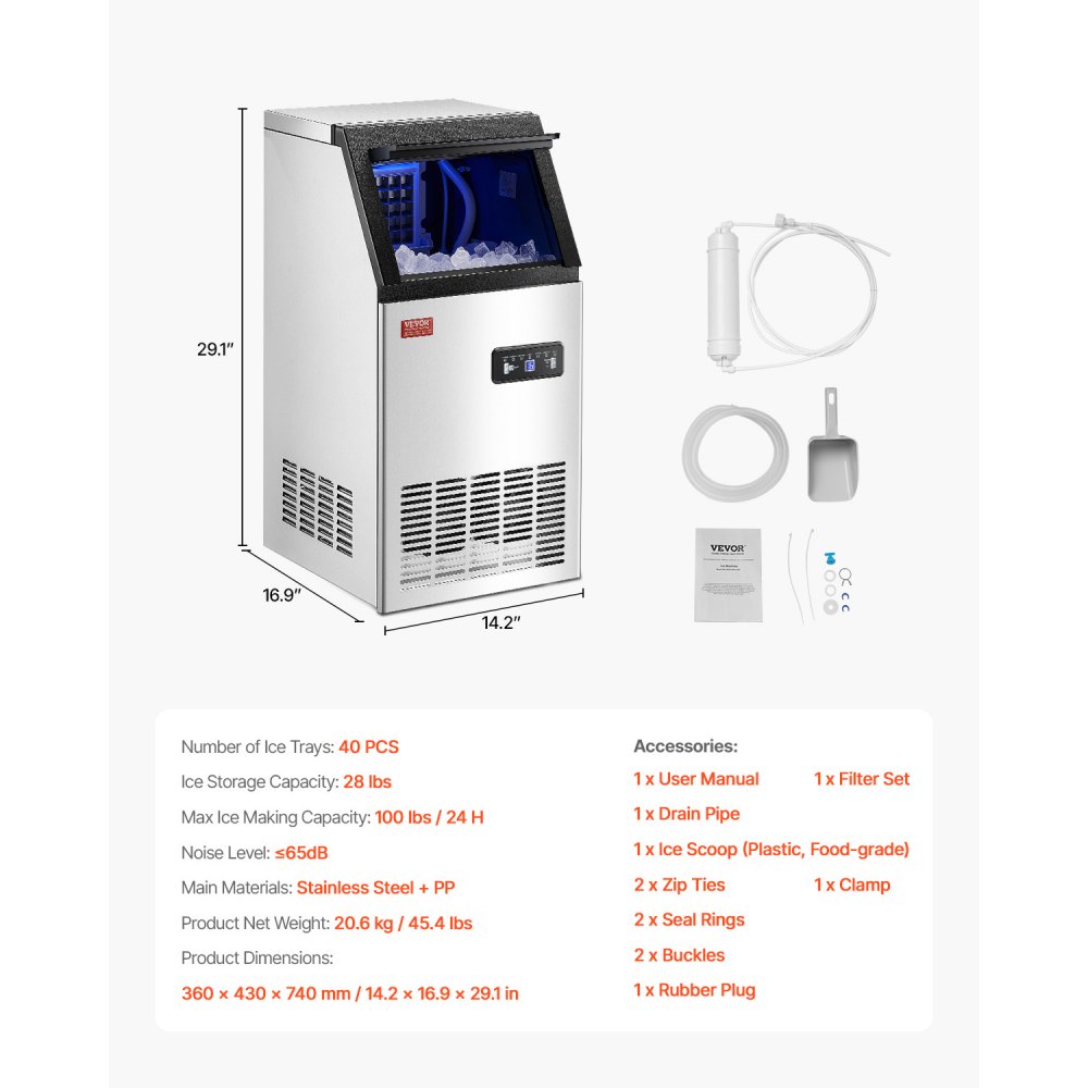 Máquina de hielo comercial VEVOR de 100 lb/24 h, 36 cubitos de hielo en 15 minutos, máquina de hielo independiente con gran capacidad de almacenamiento de 28 lb para bar, oficina, restaurante, con pantalla digital LED y autolimpieza.