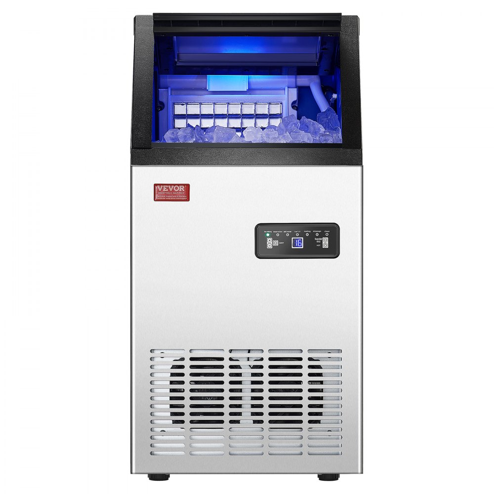 Máquina de hielo comercial VEVOR de 100 lb/24 h, 36 cubitos de hielo en 15 minutos, máquina de hielo independiente con gran capacidad de almacenamiento de 28 lb para bar, oficina, restaurante, con pantalla digital LED y autolimpieza.