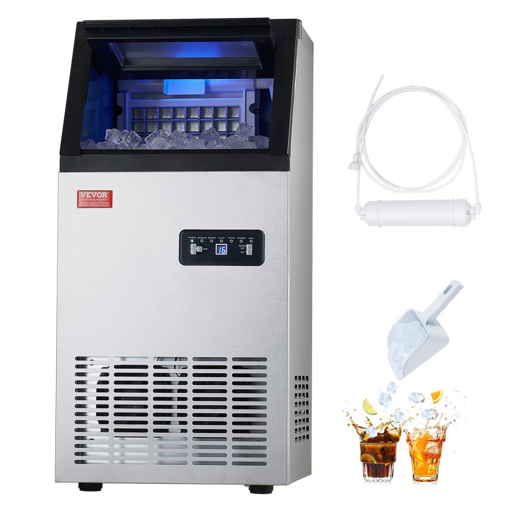 Máquina de hielo comercial VEVOR de 100 lb/24 h, 36 cubitos de hielo en 15 minutos, máquina de hielo independiente con gran capacidad de almacenamiento de 28 lb para bar, oficina, restaurante, con pantalla digital LED y autolimpieza.