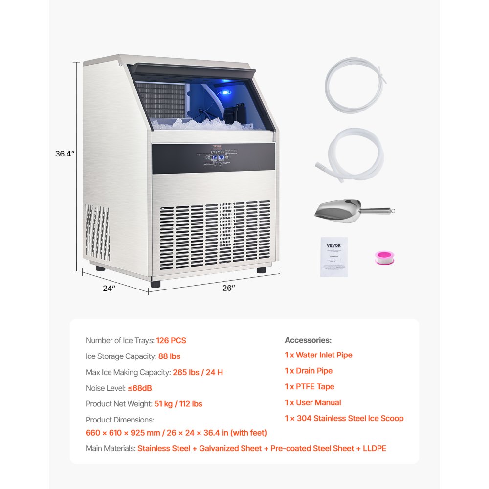 VEVOR Commercial Ice Maker Machine, 265lbs/24H Ice Maker Machine with 88lbs Storage Capacity, 126 Ice Cubes in 15 Minutes, LED Digital Display Freestanding Self-Cleaning for Bar Office Restaurant