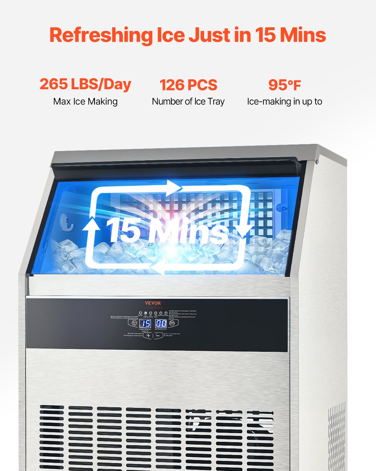 VEVOR Commercial Ice Maker Machine, 265lbs/24H Ice Maker Machine with 88lbs Storage Capacity, 126 Ice Cubes in 15 Minutes, LED Digital Display Freestanding Self-Cleaning for Bar Office Restaurant