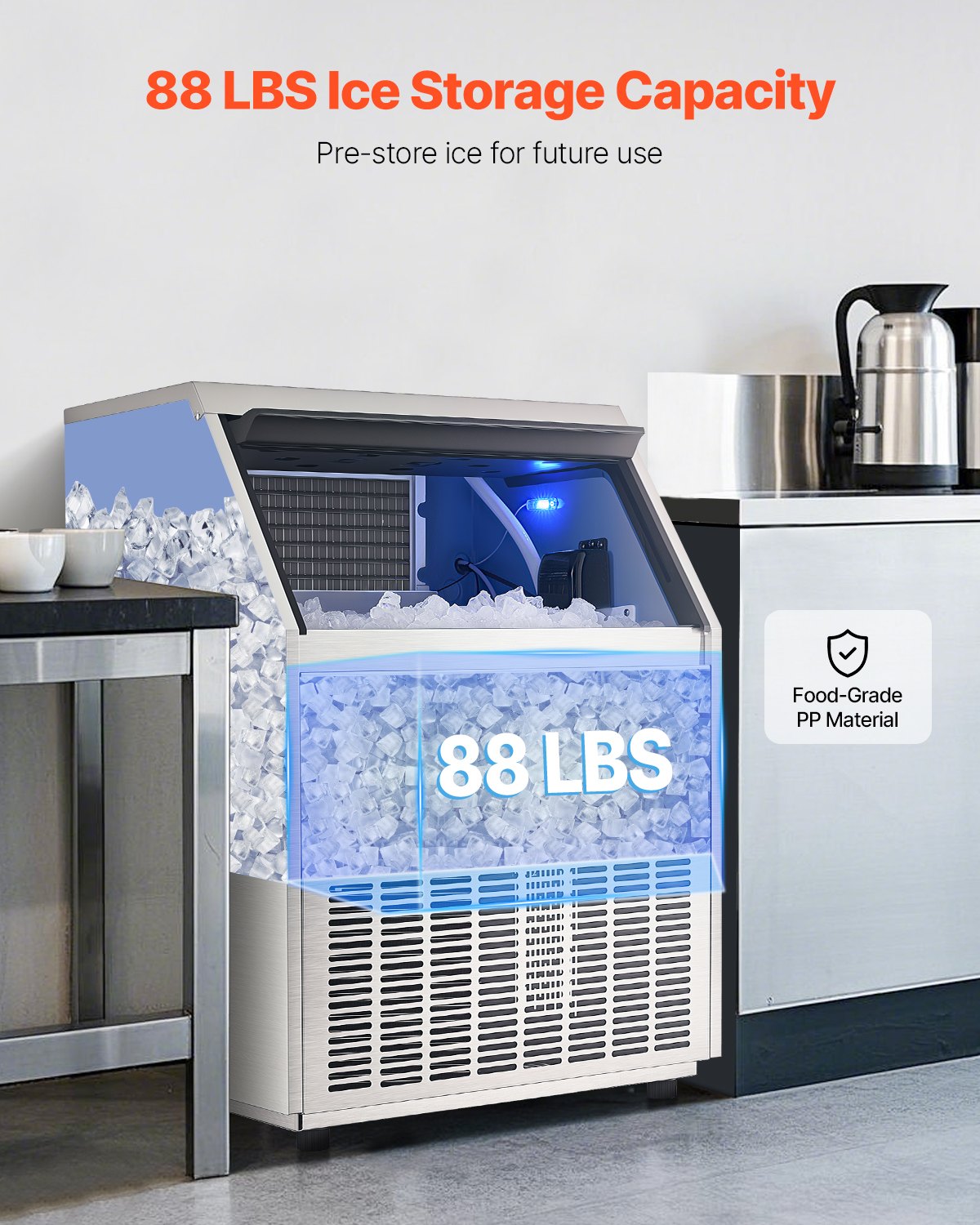 VEVOR Commercial Ice Maker Machine, 265lbs/24H Ice Maker Machine with 88lbs Storage Capacity, 126 Ice Cubes in 15 Minutes, LED Digital Display Freestanding Self-Cleaning for Bar Office Restaurant