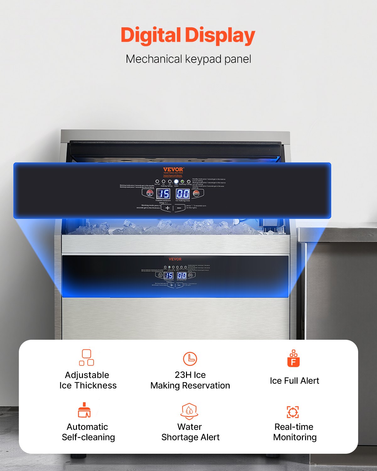 VEVOR Commercial Ice Maker Machine, 265lbs/24H Ice Maker Machine with 88lbs Storage Capacity, 126 Ice Cubes in 15 Minutes, LED Digital Display Freestanding Self-Cleaning for Bar Office Restaurant