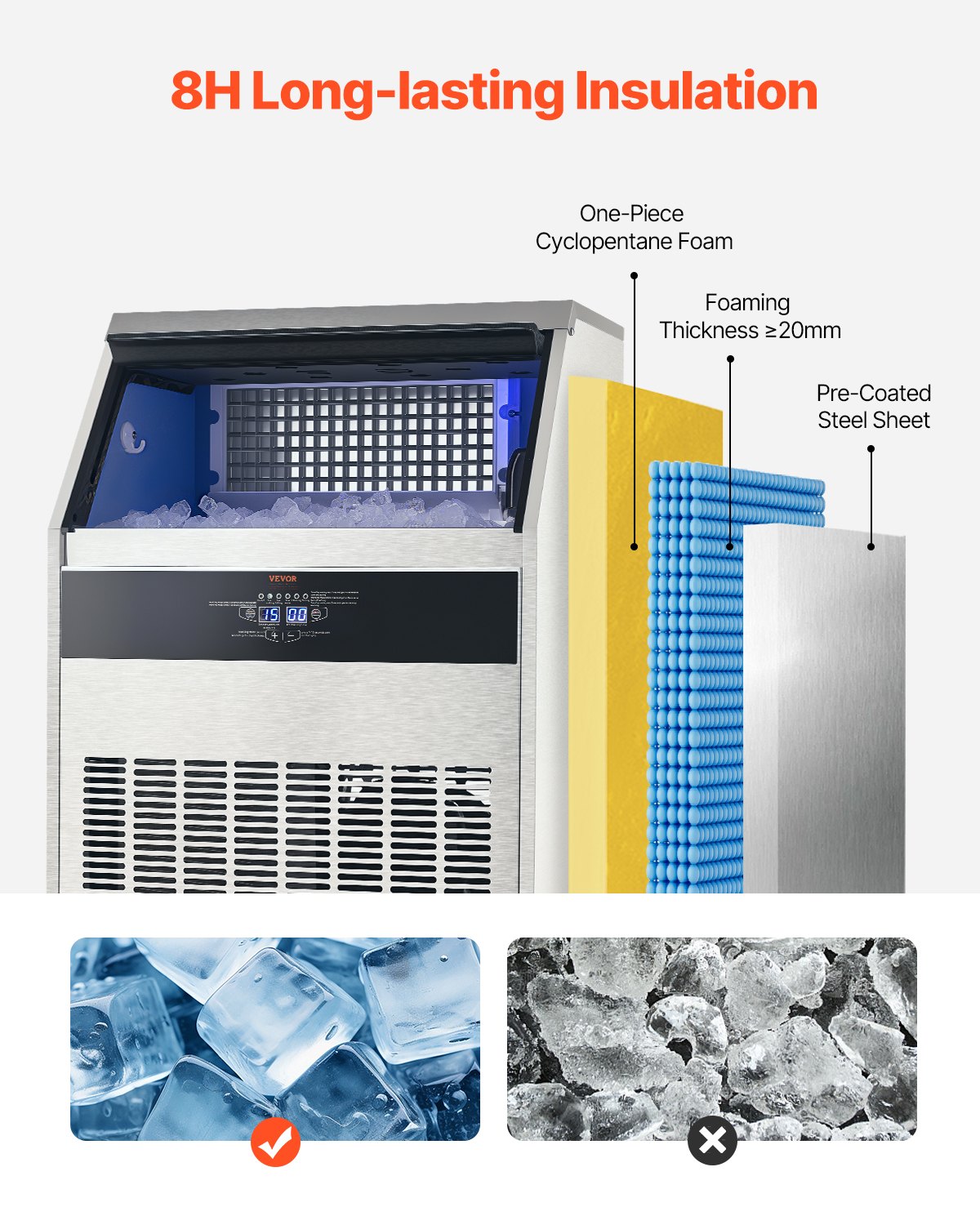 VEVOR Commercial Ice Maker Machine, 265lbs/24H Ice Maker Machine with 88lbs Storage Capacity, 126 Ice Cubes in 15 Minutes, LED Digital Display Freestanding Self-Cleaning for Bar Office Restaurant