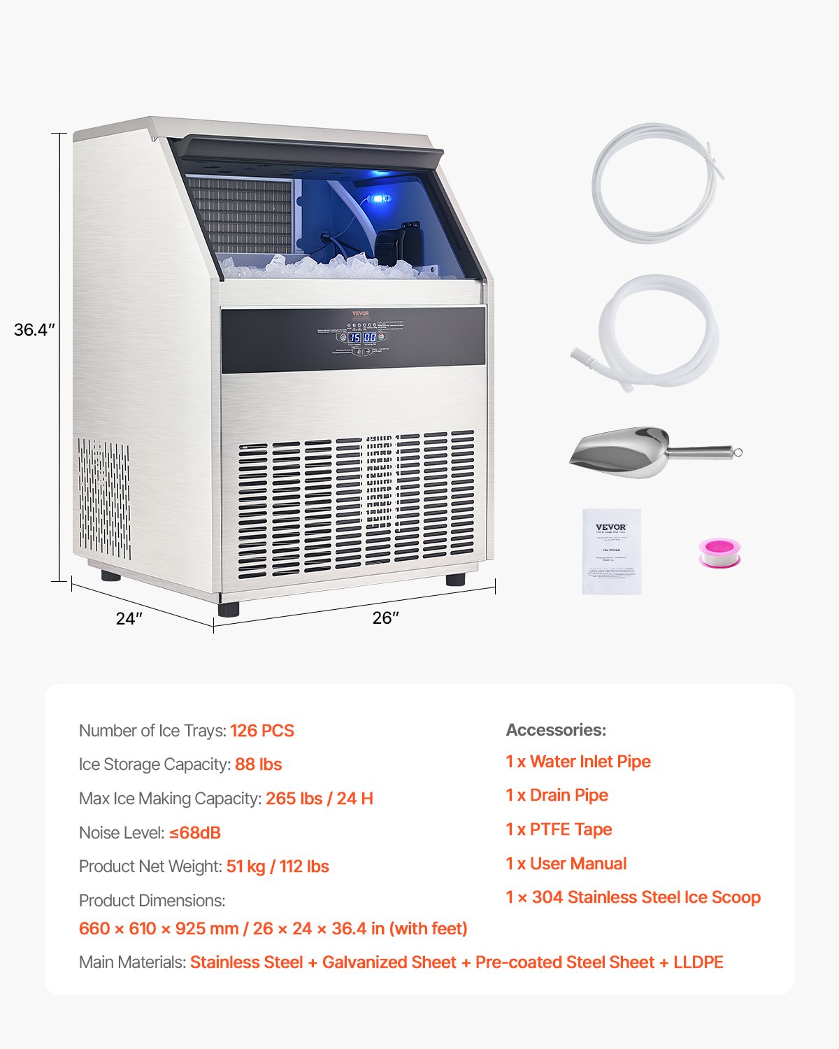 VEVOR Commercial Ice Maker Machine, 265lbs/24H Ice Maker Machine with 88lbs Storage Capacity, 126 Ice Cubes in 15 Minutes, LED Digital Display Freestanding Self-Cleaning for Bar Office Restaurant