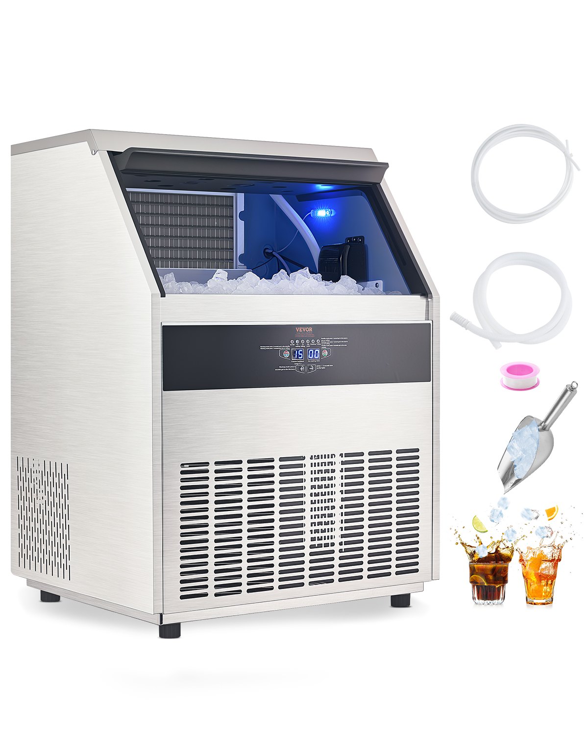 VEVOR Commercial Ice Maker Machine, 265lbs/24H Ice Maker Machine with 88lbs Storage Capacity, 126 Ice Cubes in 15 Minutes, LED Digital Display Freestanding Self-Cleaning for Bar Office Restaurant
