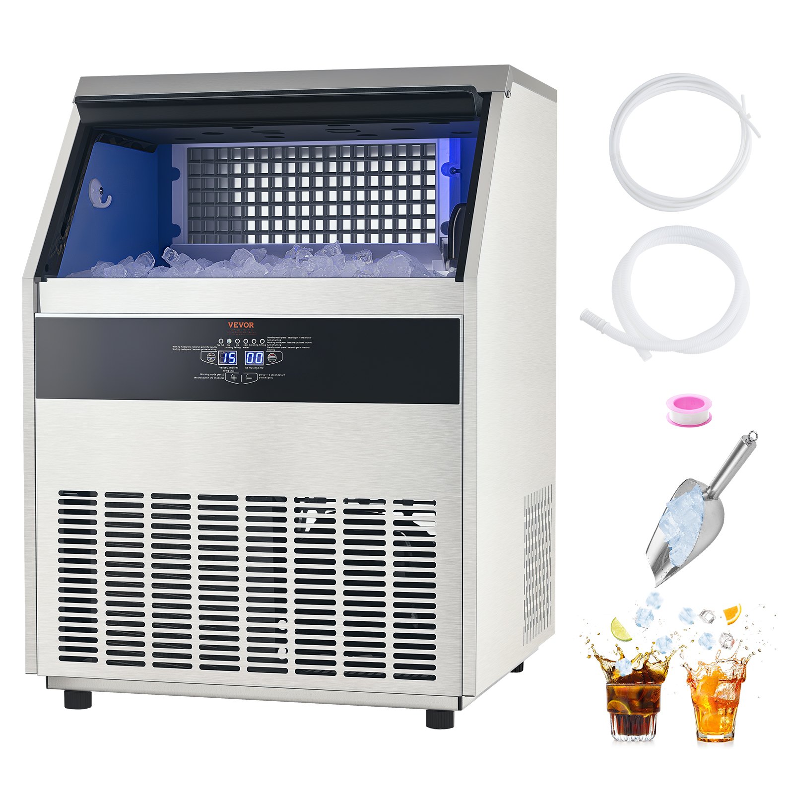 VEVOR Commercial Ice Maker Machine, 265lbs/24H Ice Maker Machine with 88lbs Storage Capacity, 126 Ice Cubes in 15 Minutes, LED Digital Display Freestanding Self-Cleaning for Bar Office Restaurant