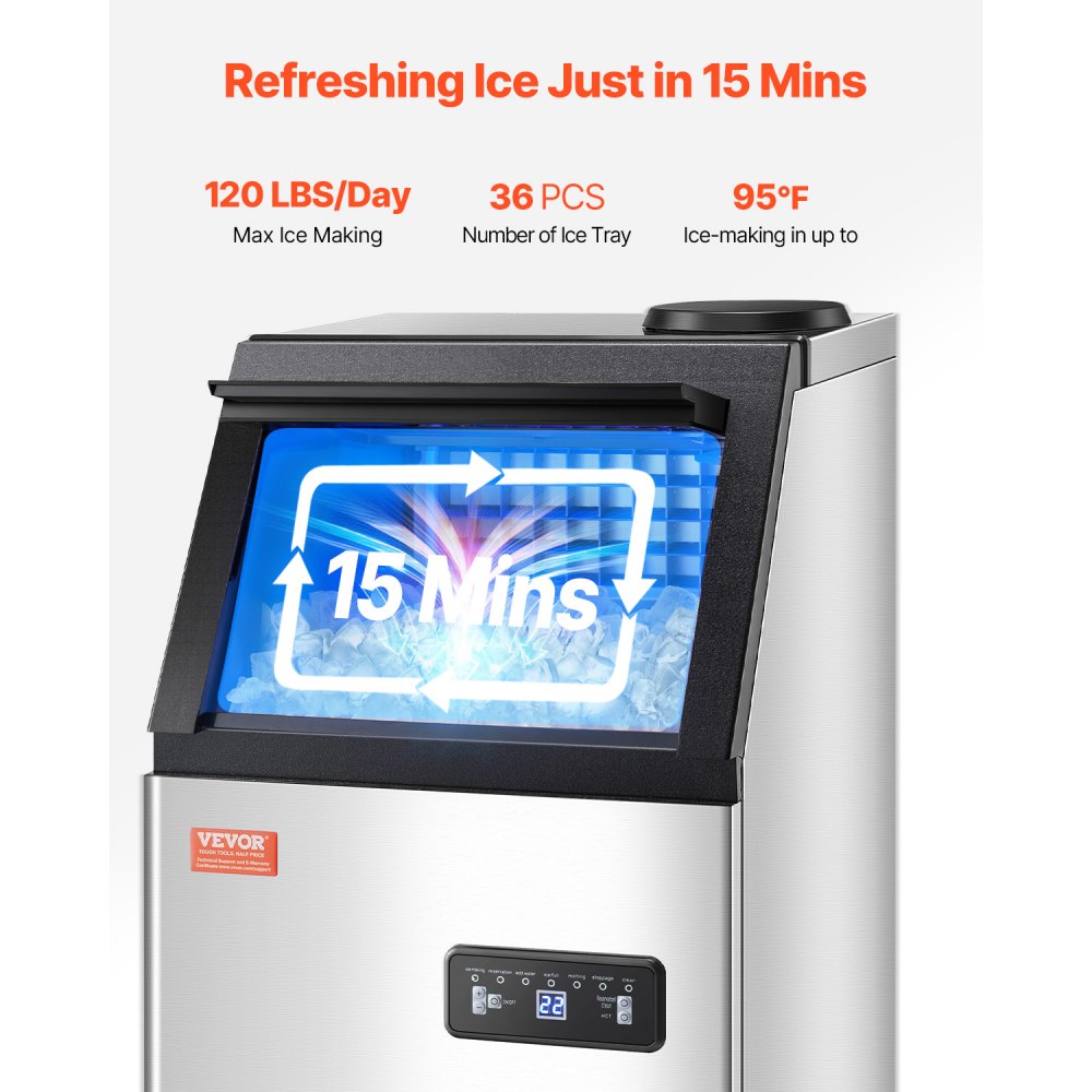 Máquina de hielo comercial VEVOR de 120 lb/24 h, 36 cubitos de hielo en 15 minutos, máquina de hielo independiente con gran capacidad de almacenamiento de 28 lb para bar, oficina, restaurante, con pantalla digital LED y autolimpieza.