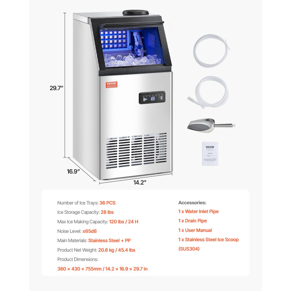 Máquina de hielo comercial VEVOR de 120 lb/24 h, 36 cubitos de hielo en 15 minutos, máquina de hielo independiente con gran capacidad de almacenamiento de 28 lb para bar, oficina, restaurante, con pantalla digital LED y autolimpieza.