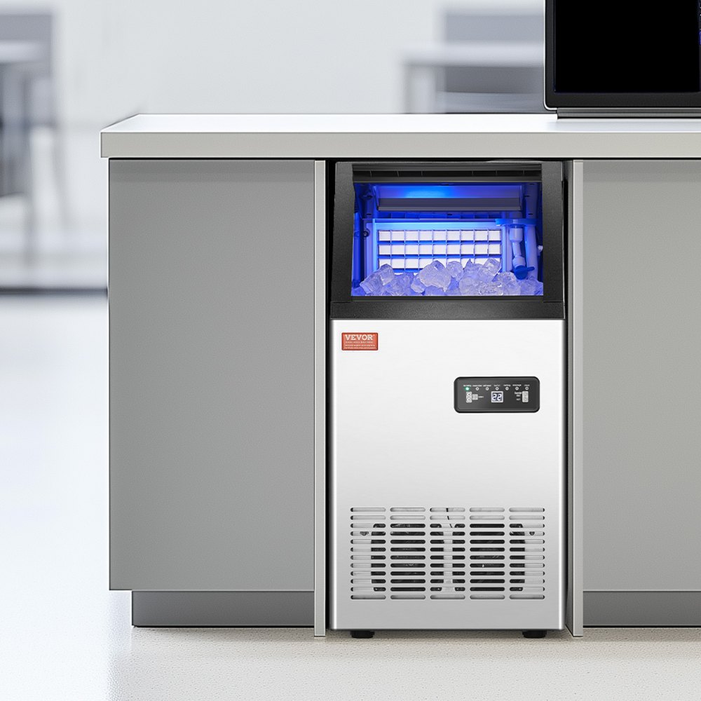 Máquina de hielo comercial VEVOR de 120 lb/24 h, 36 cubitos de hielo en 15 minutos, máquina de hielo independiente con gran capacidad de almacenamiento de 28 lb para bar, oficina, restaurante, con pantalla digital LED y autolimpieza.