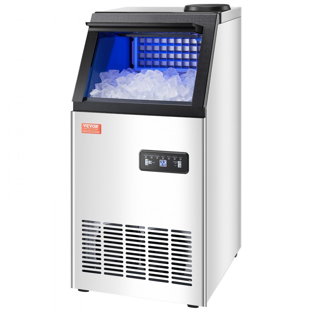 Máquina de hielo comercial VEVOR de 120 lb/24 h, 36 cubitos de hielo en 15 minutos, máquina de hielo independiente con gran capacidad de almacenamiento de 28 lb para bar, oficina, restaurante, con pantalla digital LED y autolimpieza.