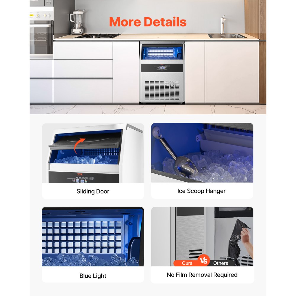 VEVOR Commercial Ice Maker Machine, 200lbs/24H Ice Maker Machine with 66lbs Storage Capacity, 108 Ice Cubes in 15 Minutes, LED Digital Display Freestanding Self-Cleaning for Bar Office Restaurant