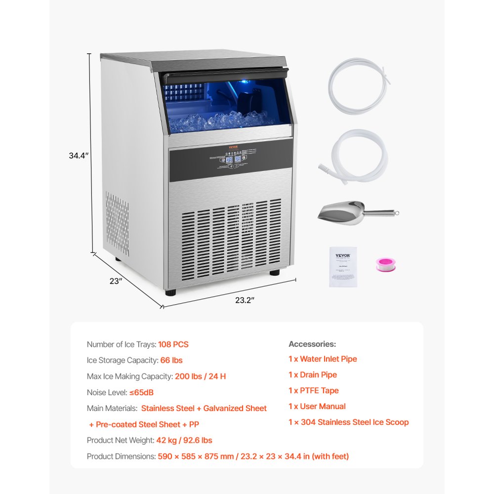 VEVOR Commercial Ice Maker Machine, 200lbs/24H Ice Maker Machine with 66lbs Storage Capacity, 108 Ice Cubes in 15 Minutes, LED Digital Display Freestanding Self-Cleaning for Bar Office Restaurant