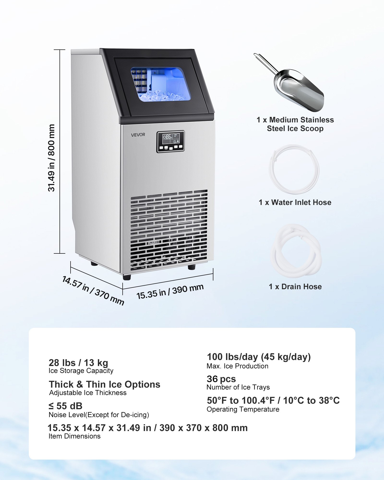 VEVOR Commercial Ice Maker Machine, 100 lbs/24h with 28Lbs Storage, 45 Cubes per Cycle, Stainless Steel Freestanding & Under Counter Ice Maker with LED Display & Self-Cleaning, for Home Bar Restaurant