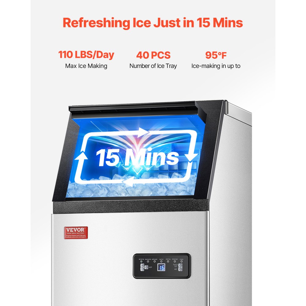 Máquina de hielo comercial VEVOR de 110 lb/24 h, 36 cubitos de hielo en 15 minutos, máquina de hielo independiente con gran capacidad de almacenamiento de 28 lb para bar, oficina, restaurante, con pantalla digital LED y autolimpieza.