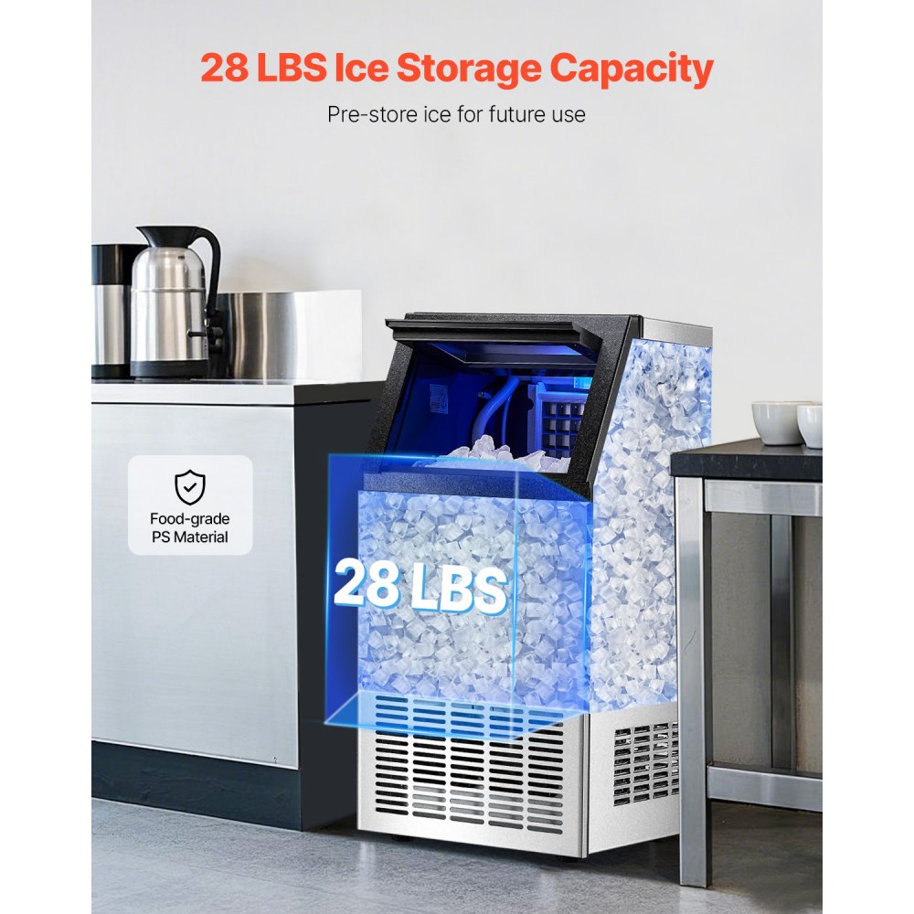 Máquina de hielo comercial VEVOR de 110 lb/24 h, 36 cubitos de hielo en 15 minutos, máquina de hielo independiente con gran capacidad de almacenamiento de 28 lb para bar, oficina, restaurante, con pantalla digital LED y autolimpieza.