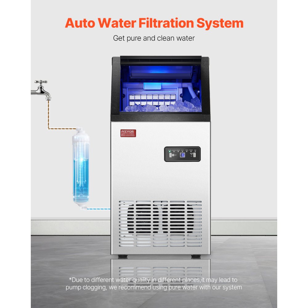 Máquina de hielo comercial VEVOR de 110 lb/24 h, 36 cubitos de hielo en 15 minutos, máquina de hielo independiente con gran capacidad de almacenamiento de 28 lb para bar, oficina, restaurante, con pantalla digital LED y autolimpieza.