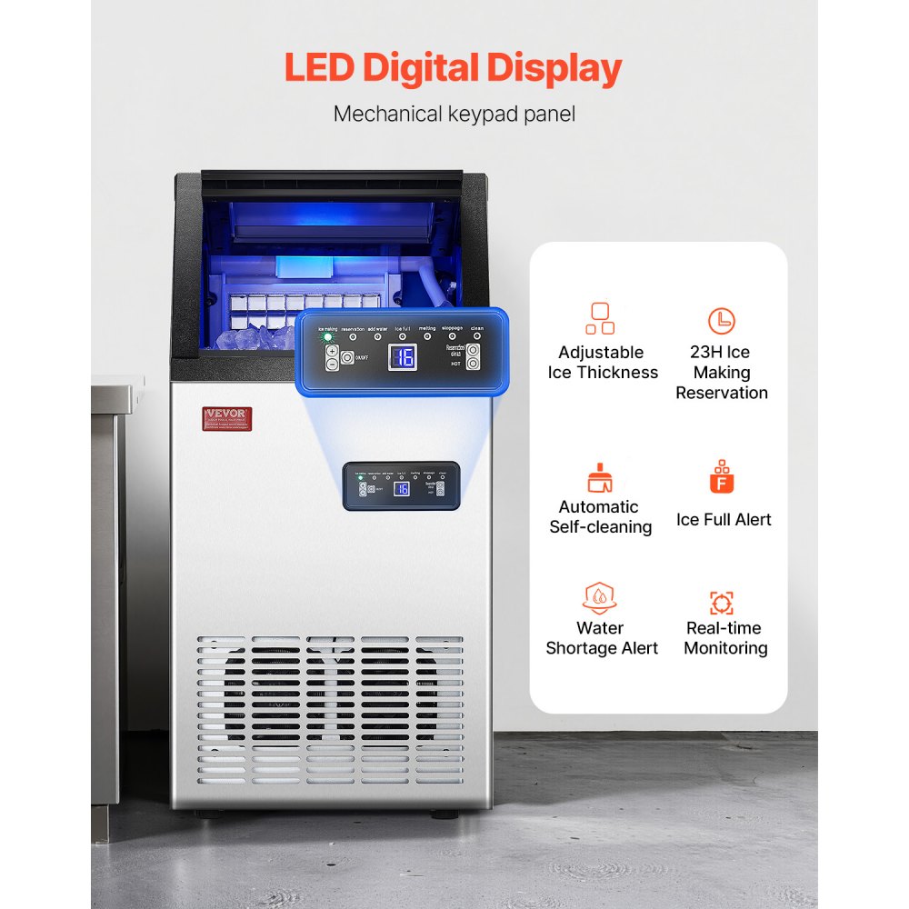 Máquina de hielo comercial VEVOR de 110 lb/24 h, 36 cubitos de hielo en 15 minutos, máquina de hielo independiente con gran capacidad de almacenamiento de 28 lb para bar, oficina, restaurante, con pantalla digital LED y autolimpieza.