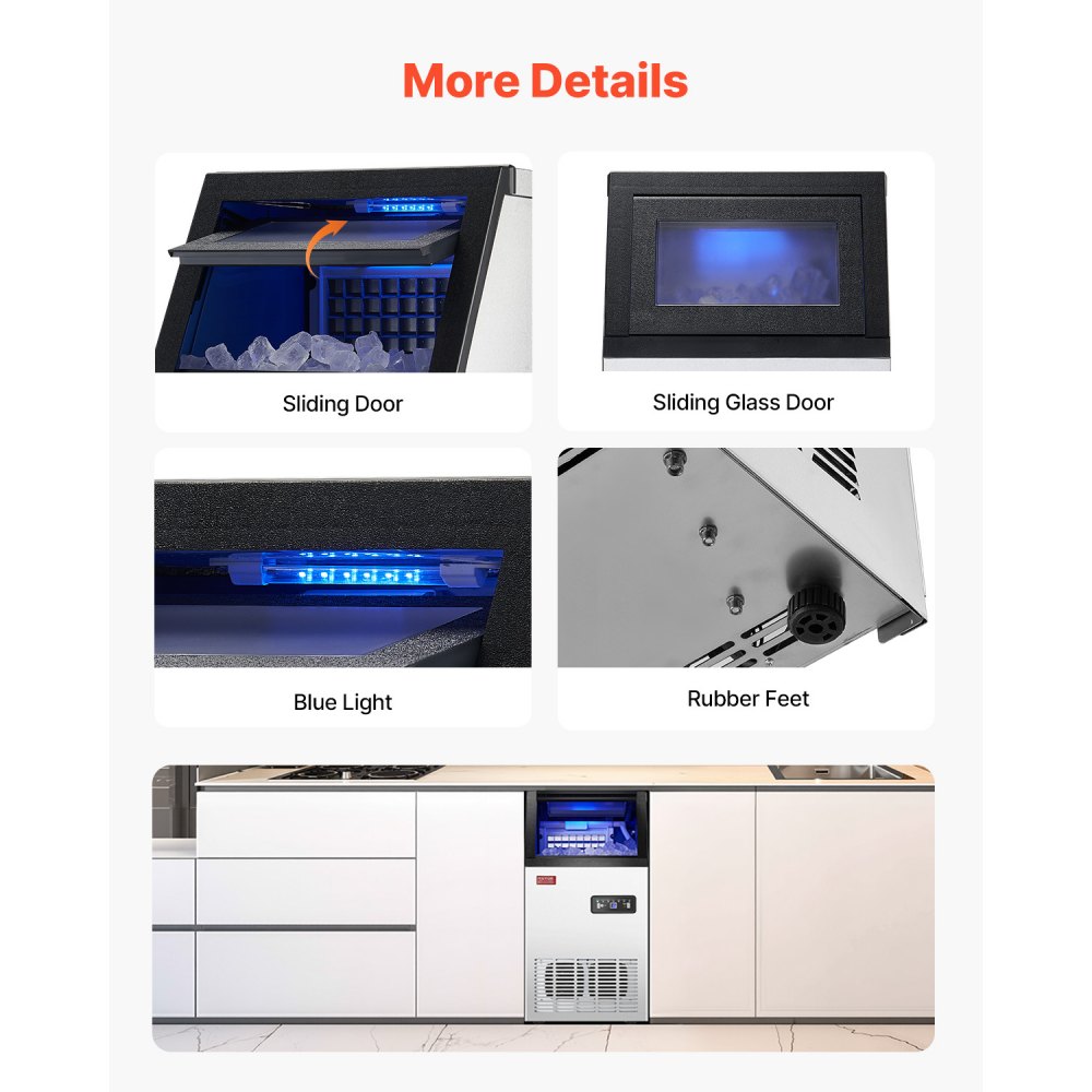 Máquina de hielo comercial VEVOR de 110 lb/24 h, 36 cubitos de hielo en 15 minutos, máquina de hielo independiente con gran capacidad de almacenamiento de 28 lb para bar, oficina, restaurante, con pantalla digital LED y autolimpieza.