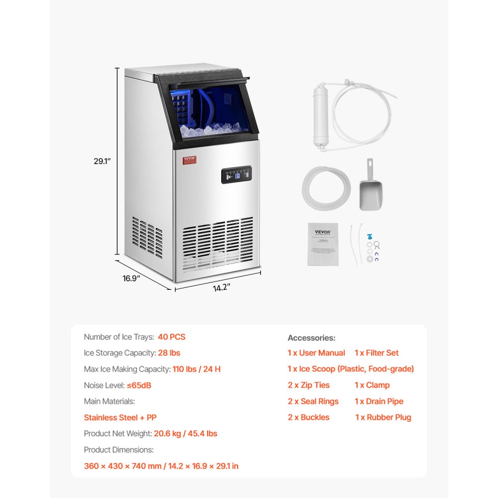 Máquina de hielo comercial VEVOR de 110 lb/24 h, 36 cubitos de hielo en 15 minutos, máquina de hielo independiente con gran capacidad de almacenamiento de 28 lb para bar, oficina, restaurante, con pantalla digital LED y autolimpieza.