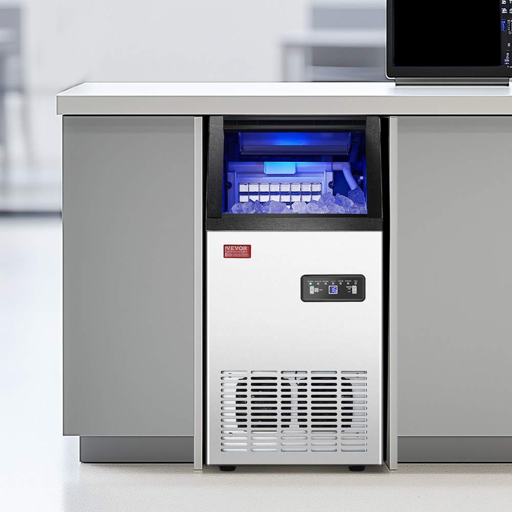 Máquina de hielo comercial VEVOR de 110 lb/24 h, 36 cubitos de hielo en 15 minutos, máquina de hielo independiente con gran capacidad de almacenamiento de 28 lb para bar, oficina, restaurante, con pantalla digital LED y autolimpieza.