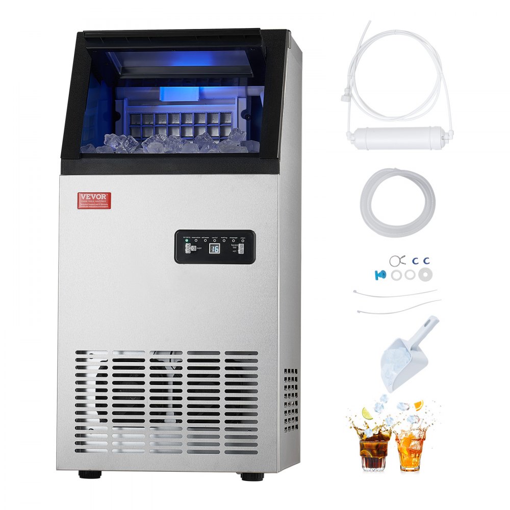Máquina de hielo comercial VEVOR de 110 lb/24 h, 36 cubitos de hielo en 15 minutos, máquina de hielo independiente con gran capacidad de almacenamiento de 28 lb para bar, oficina, restaurante, con pantalla digital LED y autolimpieza.