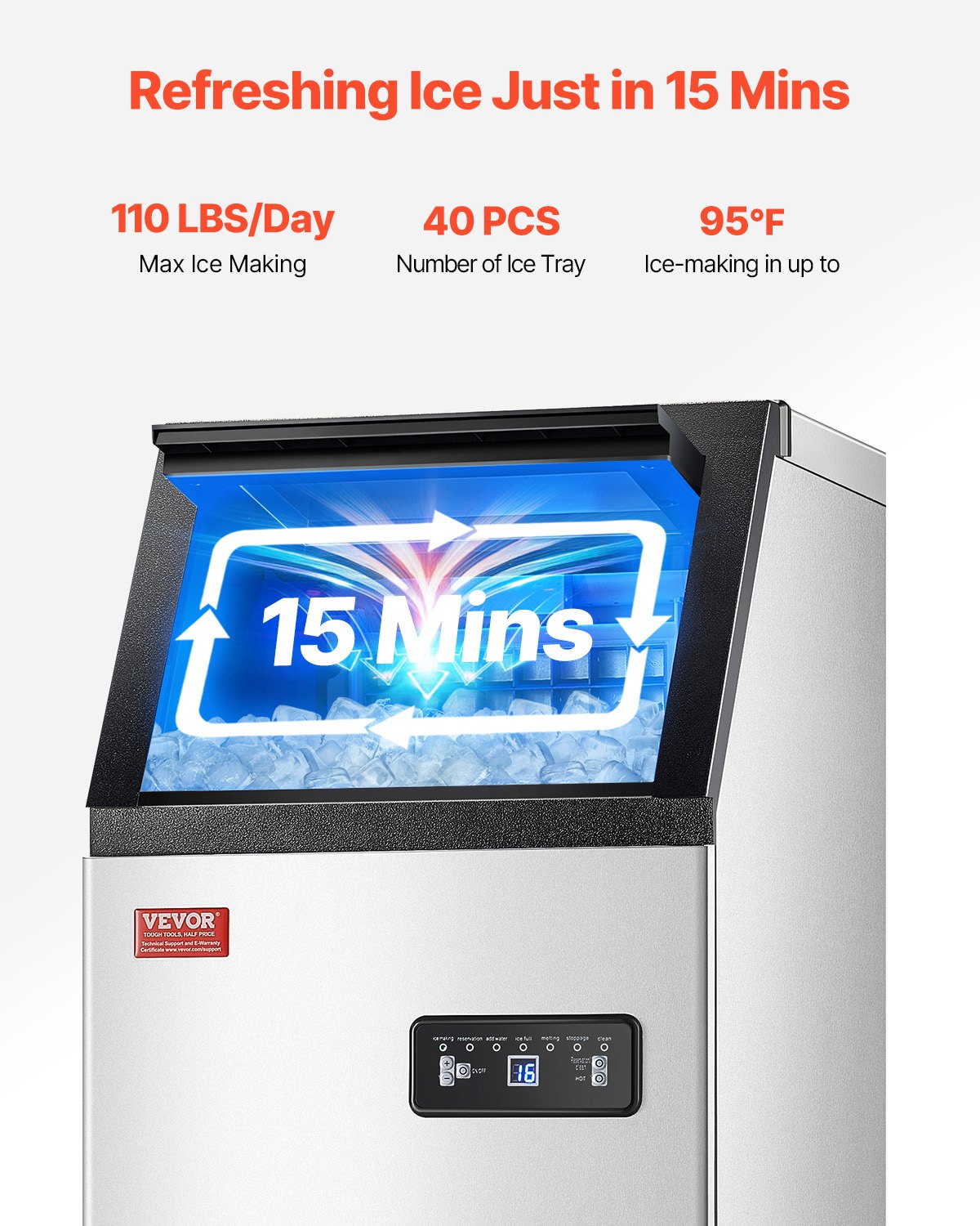 VEVOR 110lbs/24H kommerciel ismaskine, 36 isterninger på 15 minutter, fritstående ismaskine med 28lbs stor opbevaringskapacitet til bar, kontor, restaurant, med LED digitalt display og selvrensende
