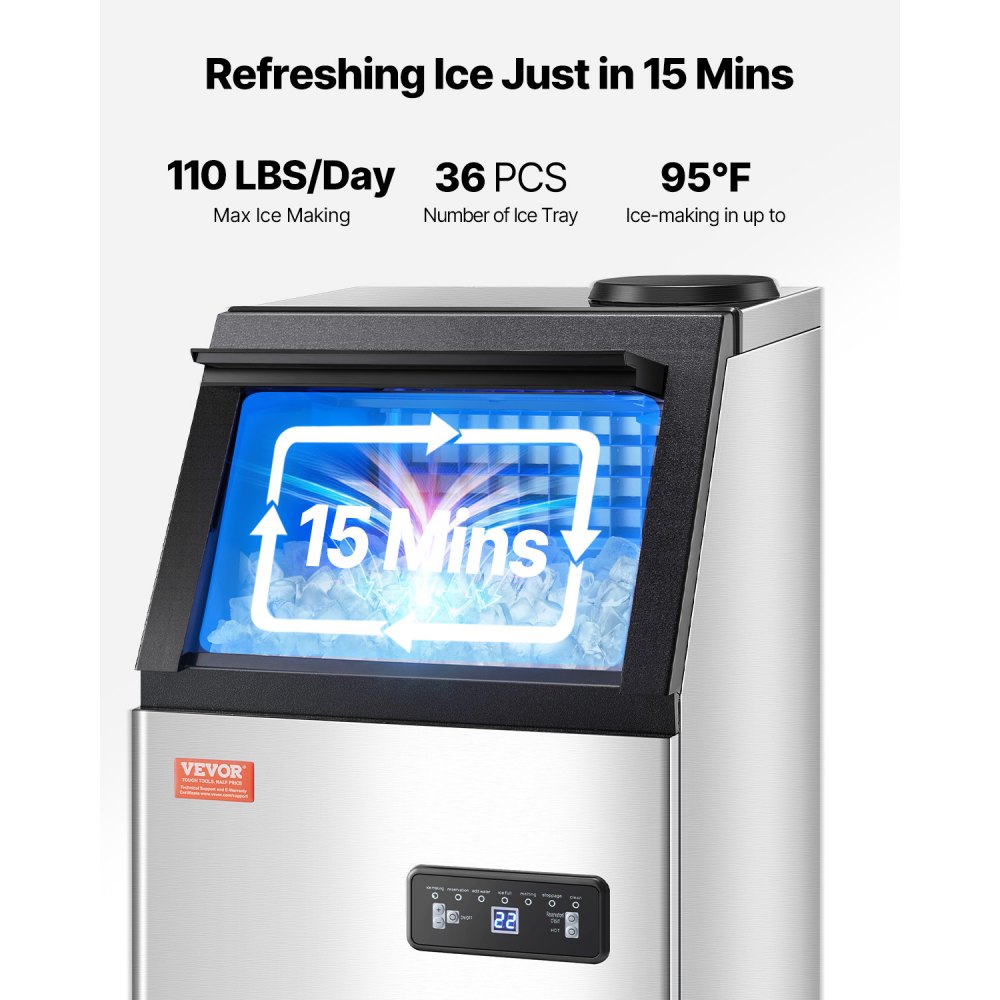 VEVOR 110lbs/24H Commercial Ice Maker, 36 Ice Cubes in 15 Minutes, Freestanding Ice Maker Machine with 28lbs Large Storage Capacity for Bar Office Restaurant, with LED Digital Display & Self-Cleaning