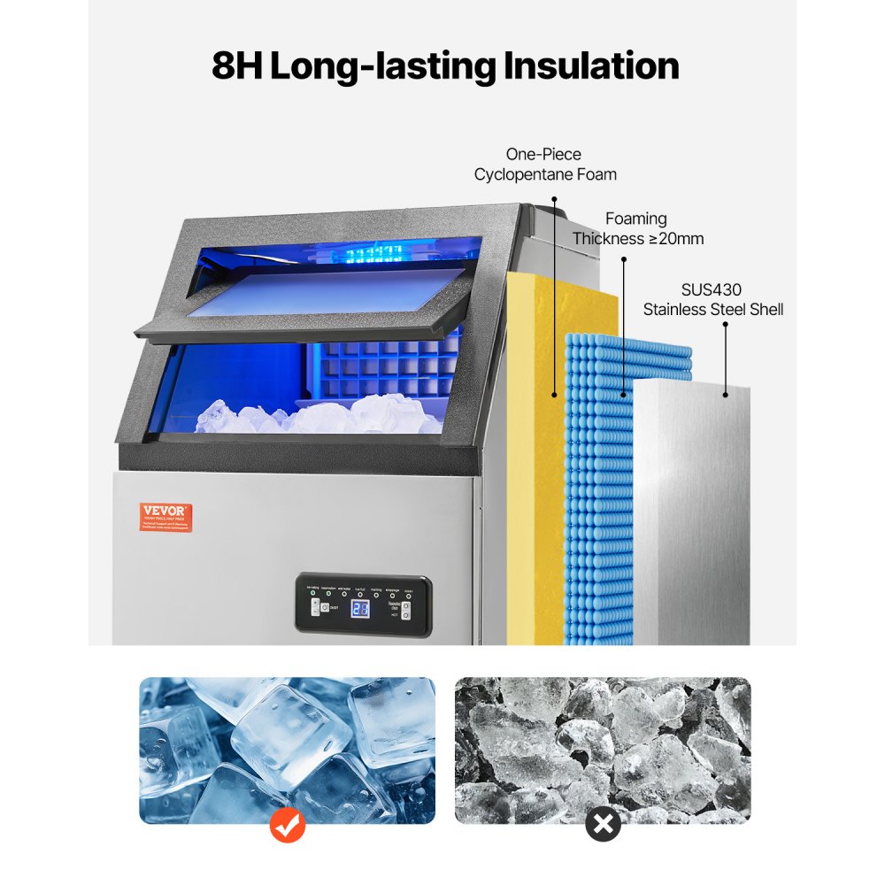 VEVOR 110lbs/24H Commercial Ice Maker, 36 Ice Cubes in 15 Minutes, Freestanding Ice Maker Machine with 28lbs Large Storage Capacity for Bar Office Restaurant, with LED Digital Display & Self-Cleaning