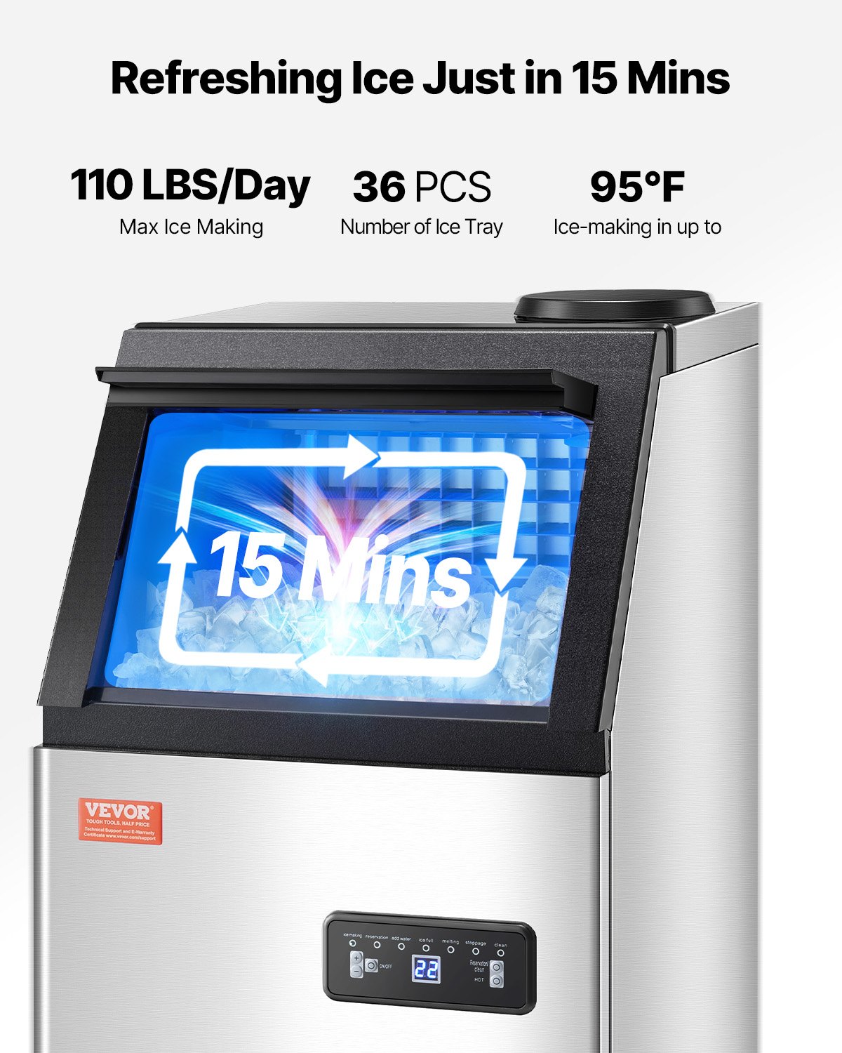 VEVOR 110lbs/24H Commercial Ice Maker, 36 Ice Cubes in 15 Minutes, Freestanding Ice Maker Machine with 28lbs Large Storage Capacity for Bar Office Restaurant, with LED Digital Display & Self-Cleaning