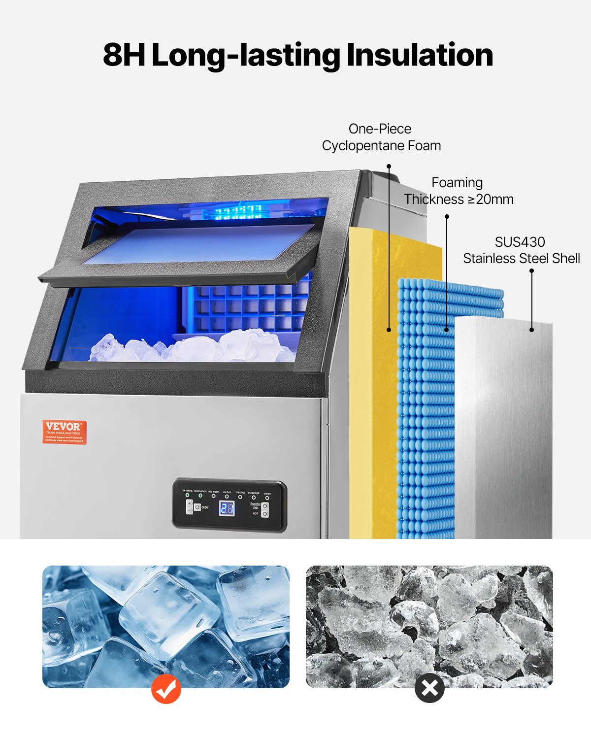 VEVOR 110lbs/24H Commercial Ice Maker, 36 Ice Cubes in 15 Minutes, Freestanding Ice Maker Machine with 28lbs Large Storage Capacity for Bar Office Restaurant, with LED Digital Display & Self-Cleaning