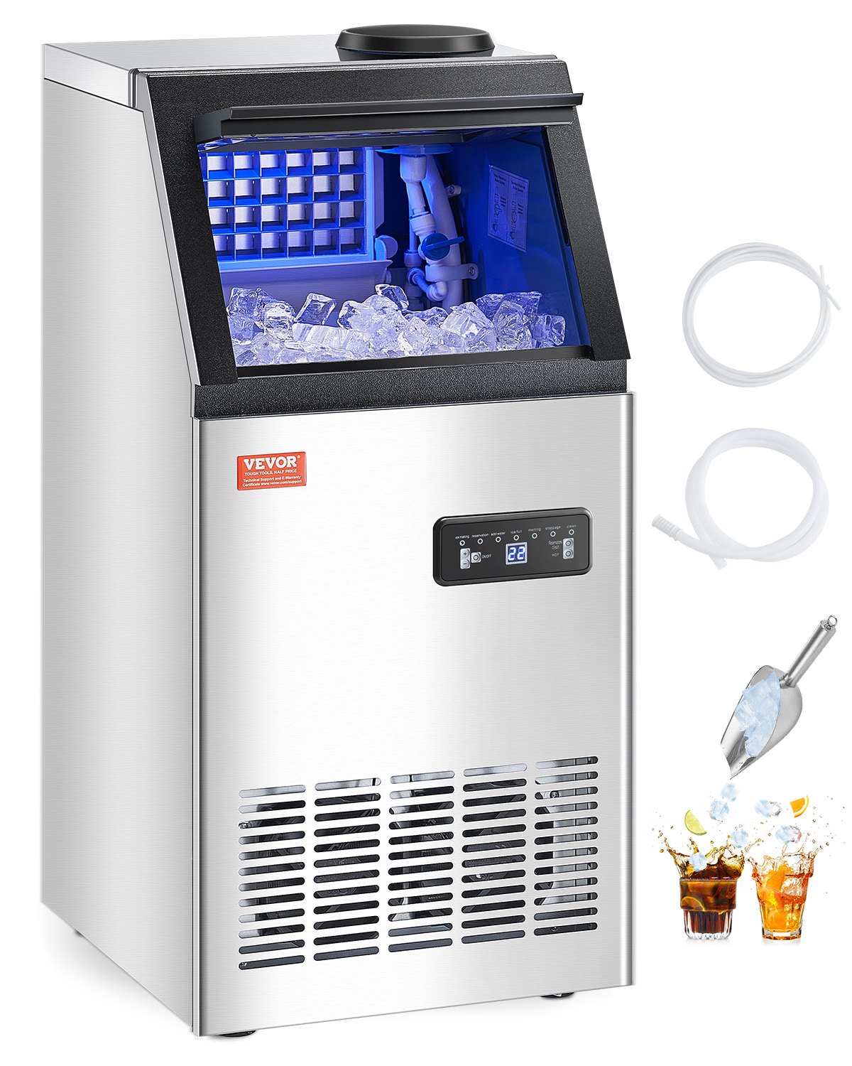 VEVOR 110lbs/24H Commercial Ice Maker, 36 Ice Cubes in 15 Minutes, Freestanding Ice Maker Machine with 28lbs Large Storage Capacity for Bar Office Restaurant, with LED Digital Display & Self-Cleaning