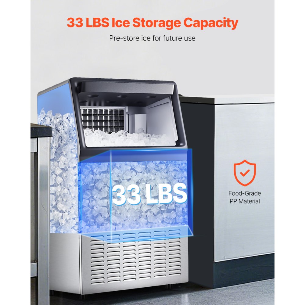 VEVOR 160lbs/24H Commercial Ice Maker, 55 Ice Cubes in 15 Minutes, Freestanding Ice Maker Machine with 33lbs Large Storage Capacity for Bar Office Restaurant, with LED Digital Display & Self-Cleaning