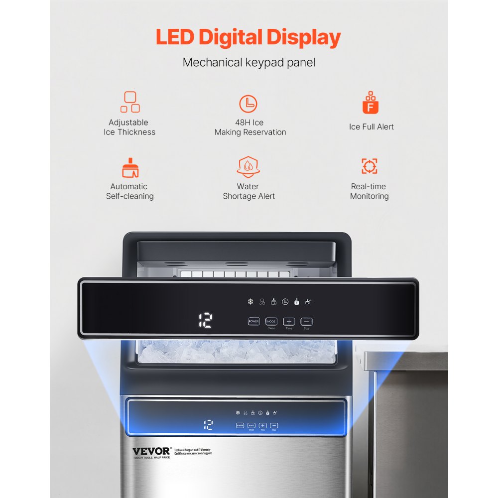 VEVOR 160lbs/24H Commercial Ice Maker, 55 Ice Cubes in 15 Minutes, Freestanding Ice Maker Machine with 33lbs Large Storage Capacity for Bar Office Restaurant, with LED Digital Display & Self-Cleaning