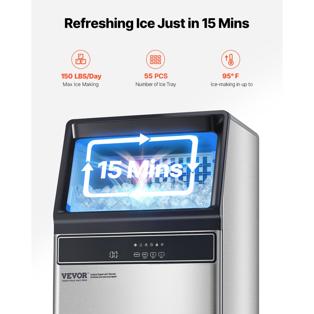Máquina de hielo comercial VEVOR de 150 lb/24 h, 55 cubitos de hielo en 15 minutos, máquina de hielo independiente con gran capacidad de almacenamiento de 33 lb para bar, oficina, restaurante, con pantalla digital LED y autolimpieza.