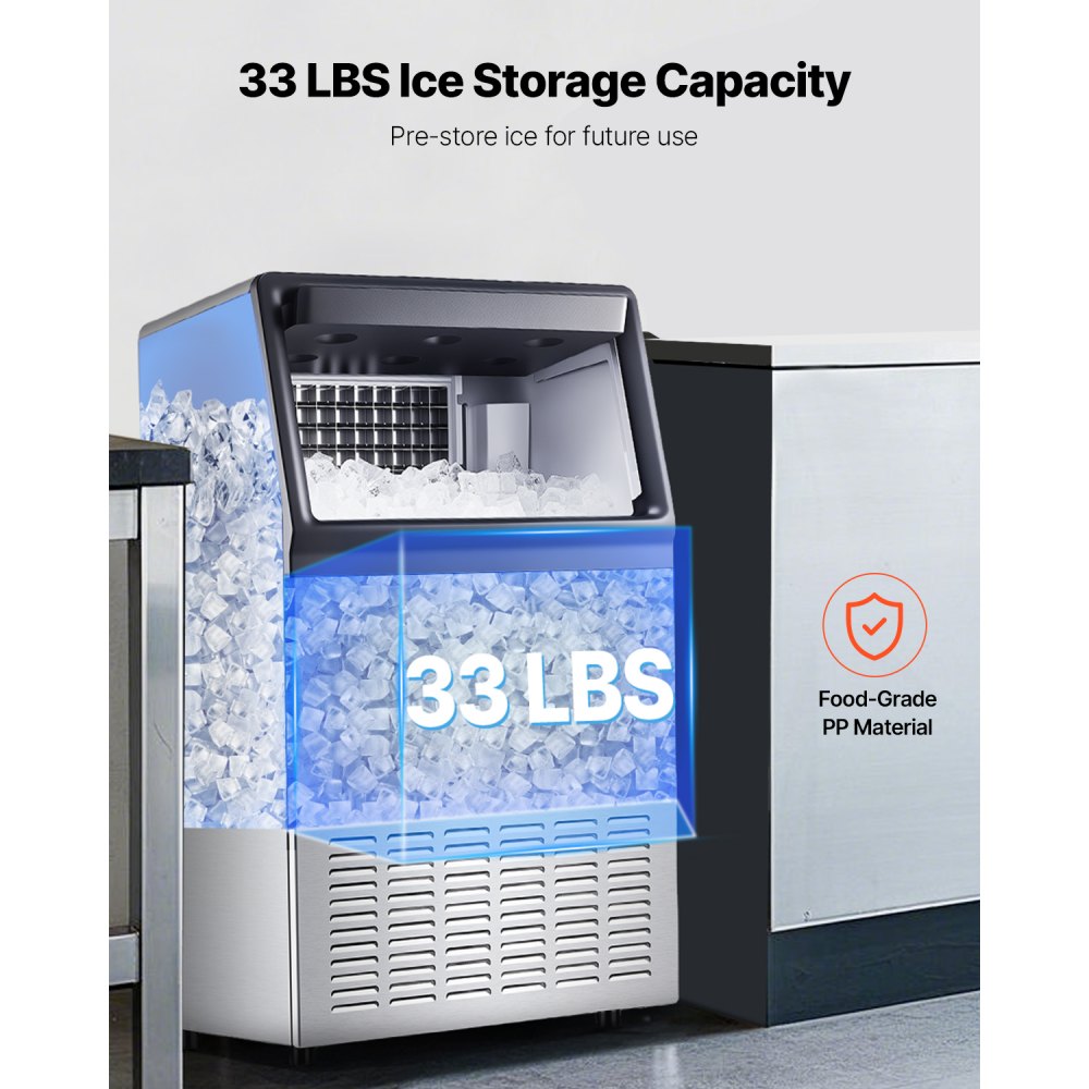 Máquina de hielo comercial VEVOR de 150 lb/24 h, 55 cubitos de hielo en 15 minutos, máquina de hielo independiente con gran capacidad de almacenamiento de 33 lb para bar, oficina, restaurante, con pantalla digital LED y autolimpieza.