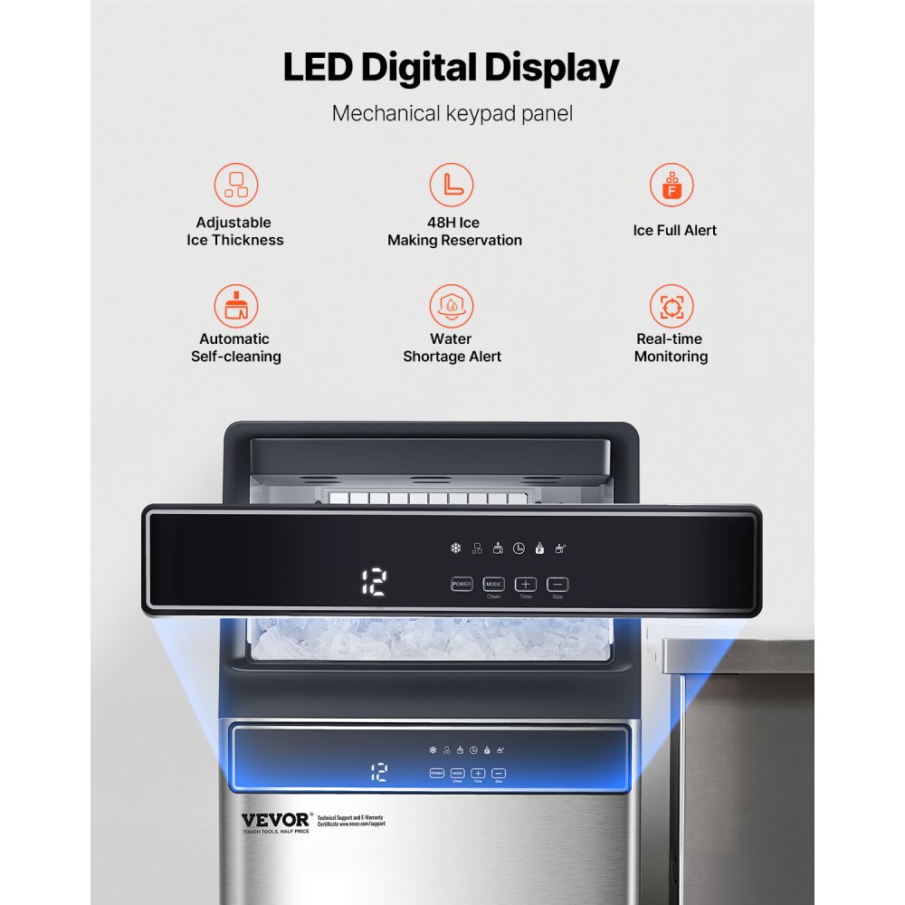 Máquina de hielo comercial VEVOR de 150 lb/24 h, 55 cubitos de hielo en 15 minutos, máquina de hielo independiente con gran capacidad de almacenamiento de 33 lb para bar, oficina, restaurante, con pantalla digital LED y autolimpieza.