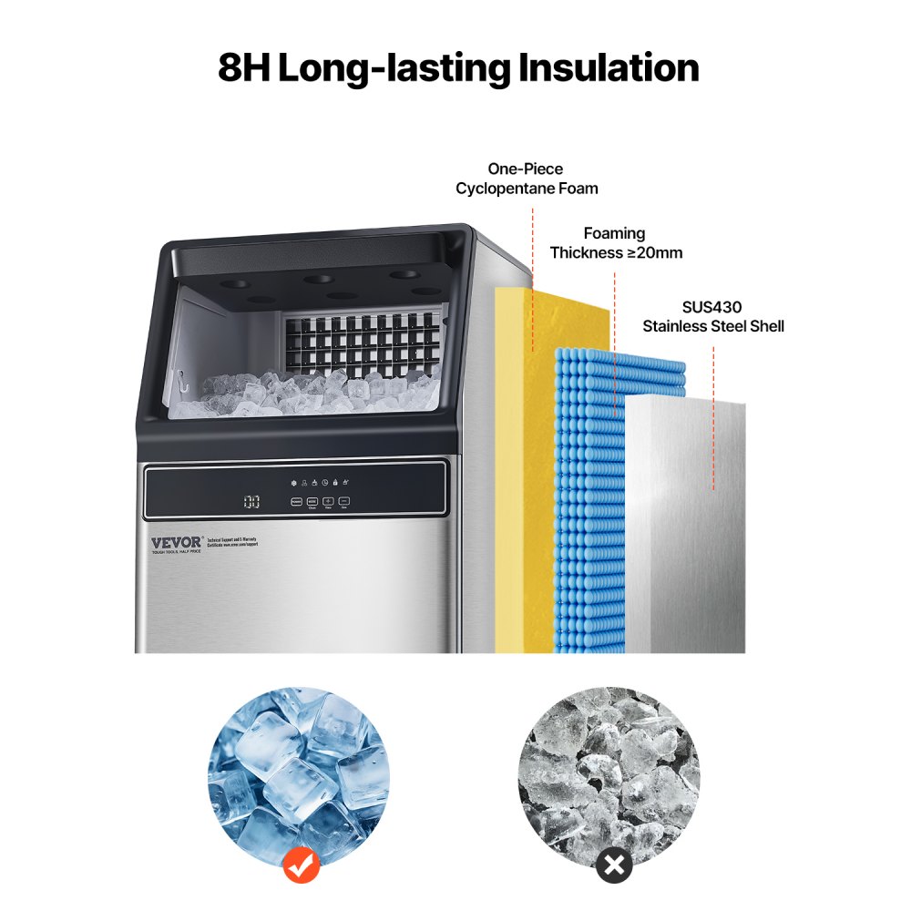 Máquina de hielo comercial VEVOR de 150 lb/24 h, 55 cubitos de hielo en 15 minutos, máquina de hielo independiente con gran capacidad de almacenamiento de 33 lb para bar, oficina, restaurante, con pantalla digital LED y autolimpieza.